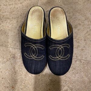 CHANEL Gold and dark Denim Mules
